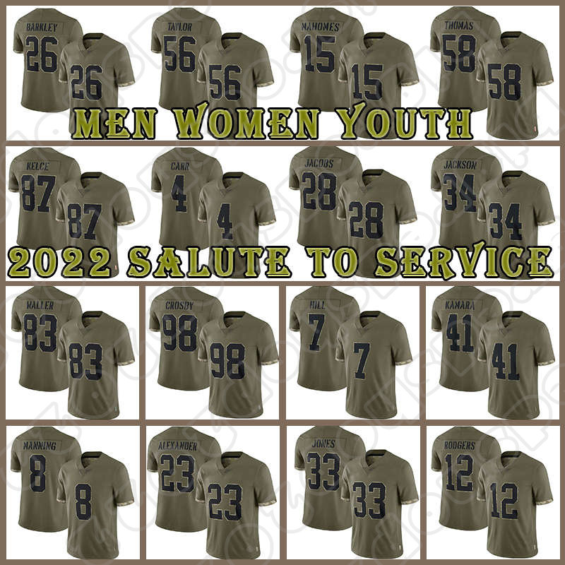 

Patrick Mahomes Travis Kelce Football Kansases City Saquon Barkley Chiefes Alvin Kamara 2022 Salute To Service Jerseys Maxx Crosby Derrick Thomas Derek Carr Waller, 98 crosby(t x z-2022)