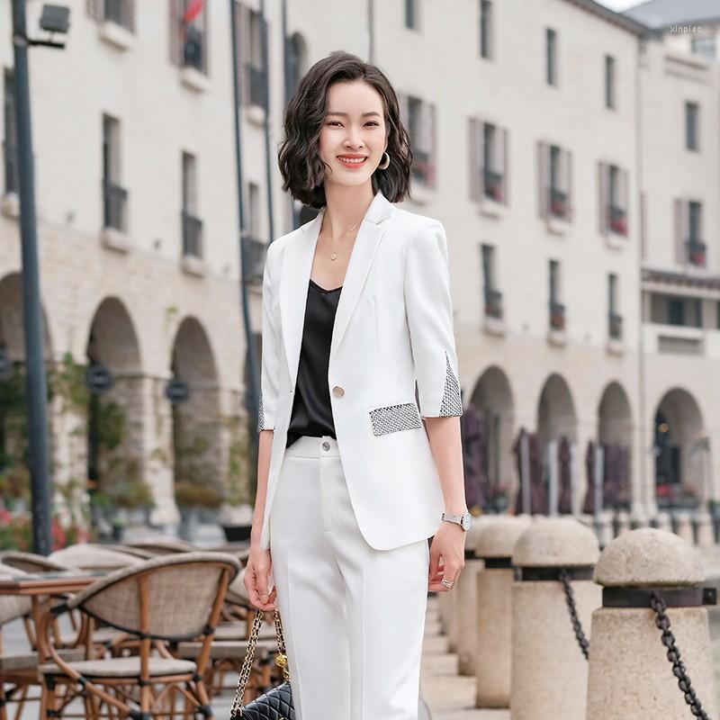 

Women' Two Piece Pants Plus Size 5XL Blue Suit Women 2022 Top High Quality Satin Half Sleeve Blazer Trousers Office Ladies Business Work, Black