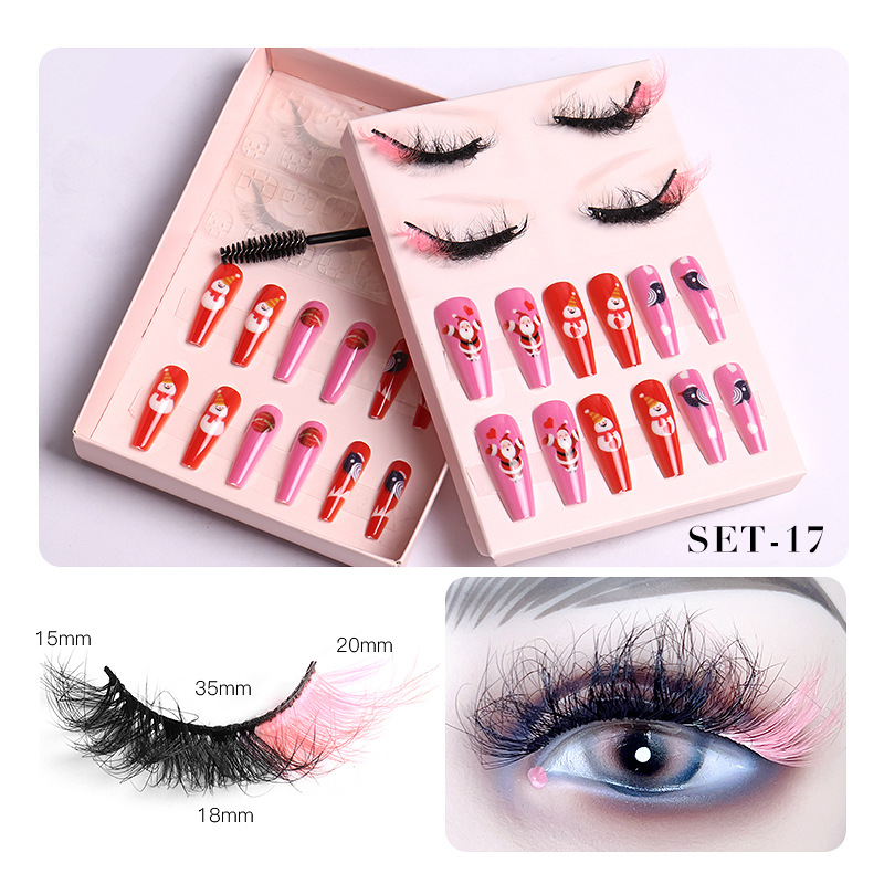 Cils de vison de couleur multicouche épais et ensemble de faux ongles pour Noël Doux Vivid Fabriqué à la main Réutilisable Curly 3D Fake Lashes M