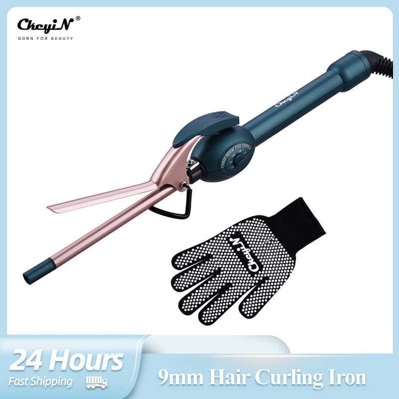 Hair Curlers Straighteners CkeyiN Professional 9mm Curling Iron Tong Curling Wand Ceramic Barrel 6 Level Hair Curler With Heat Resistant Glove St-image-807000020