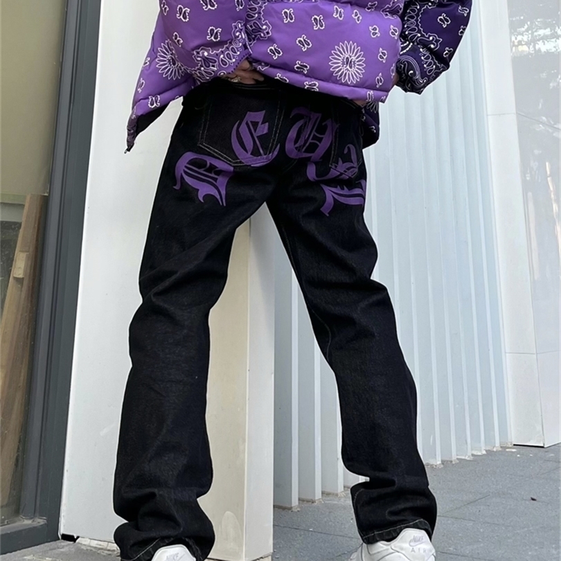 

Mens Jeans Mens Y2k Jeans Cashew Flowers Purple Streetwear Casual Pants Punk Hip Hop Letter Print Baggy Harajuku Straight Denim Trousers 220928, Black 3
