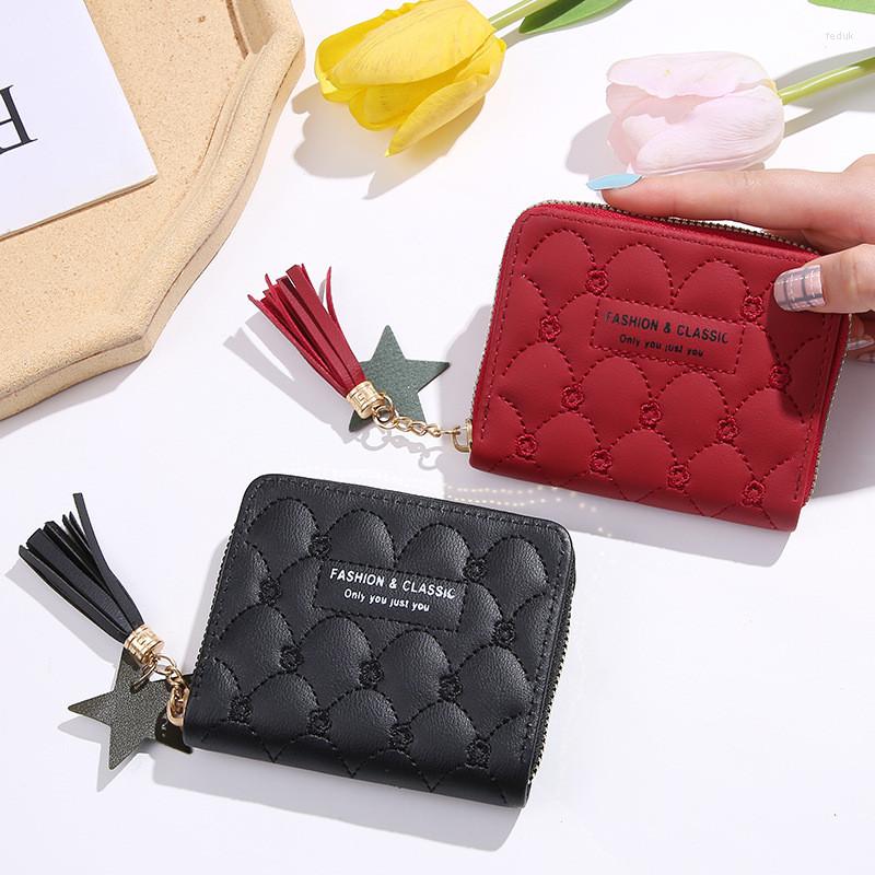 

Wallets Fashion Short Women Tassel Zipper Wallet Small Cute Female Pu Leather Coin Money Purse Clutch Bag Clip ID Holder, Red