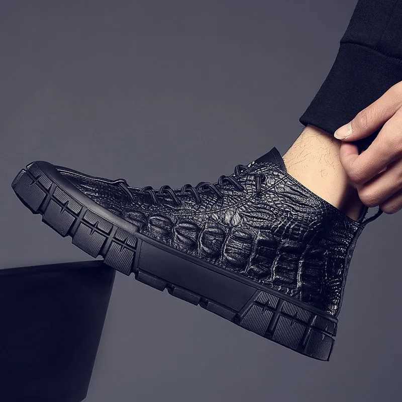 

Topvivi Cool Casual Fur Black PU Leather Autumn Winter Boots for Youth Boys Alligator Print Platform Sneakers Men Shoe 0929, Black plush