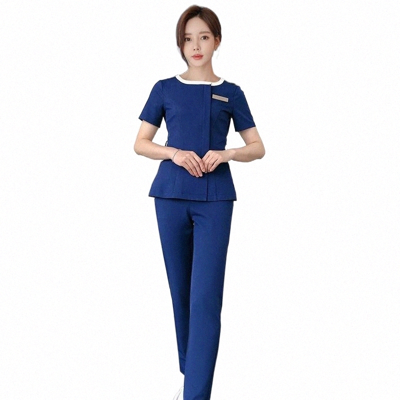 

women's Two Piece Pants Women Beauty Salon Workwear Health Services Uniforms Ladies Spa Work Round Neck Scrubs O0kH#, Rice white