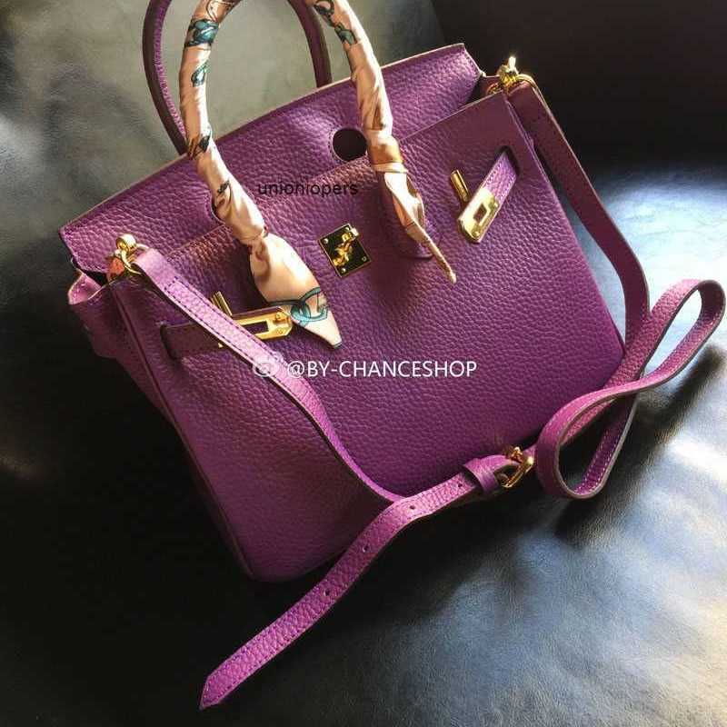 

Designer Herms Birkin''s Bags 25cm Grape Dark Purple Top Cowhide Litchi Pattern Togo Leather Women's Bag One Shoulder Handbag, Grape dark purple 25cm main color