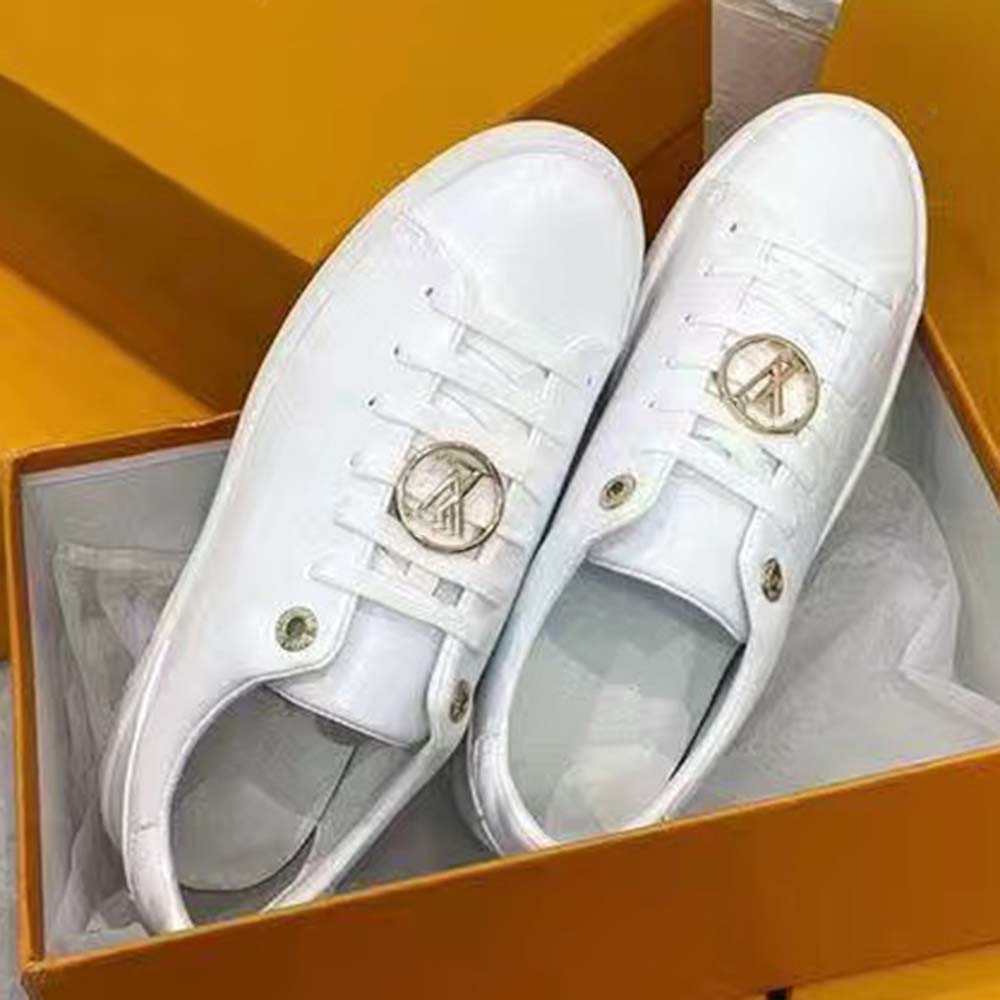 

Designer Womens Sneaker FrontRow White Leather Shoe Patent Monograms Coated Canvas Brown Flower Rubber Mens Runner Trainers Tennis Platform Casual Shoes 05