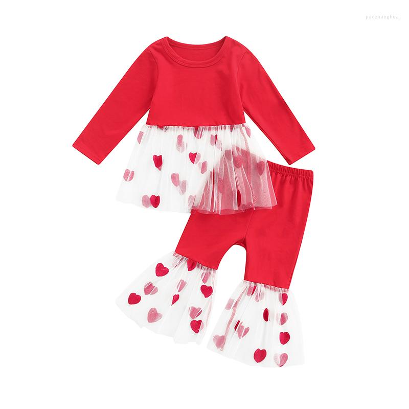 

Clothing Sets Infant Kids Baby Girls Autumn 2Pcs Outfit Long Sleeve Round Neck Heart Print Chiffon Shirt Tops Red Flared Pants 6M-4T, Picture shown