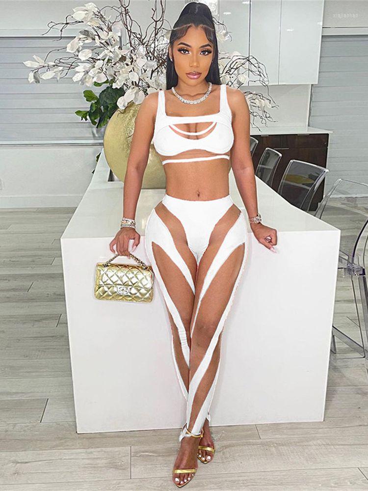 

Women' Two Piece Pants Sexy Hollow Perspective Mesh Splicing Vest High Waist Casual Set Women 2022 Summer Bodycon Party Club Outfits Female, White