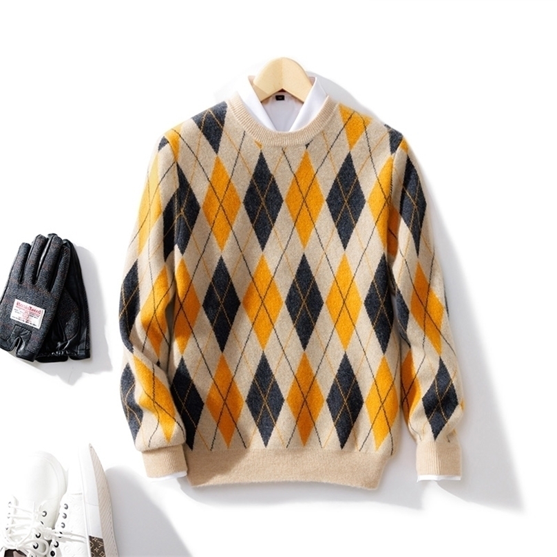 Mens Sweaters 100% pure wool cashmere mens Oneck pullover autumn and winter color matching top casual thick fashion Large size jacket 220929