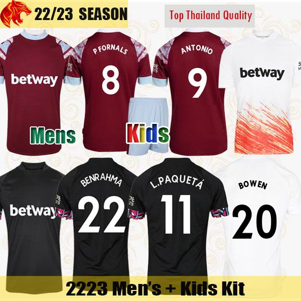 

22 23 West Hams SCAMACCA Soccer Jerseys BOWEN 2022 2023 RICE United BENRAHMA CRESSWELL LANZINI ANTONIO Football Shirt FORNALS L. PAQUETA SOUCEK Jersey Mens Kids Kit, 2223 away