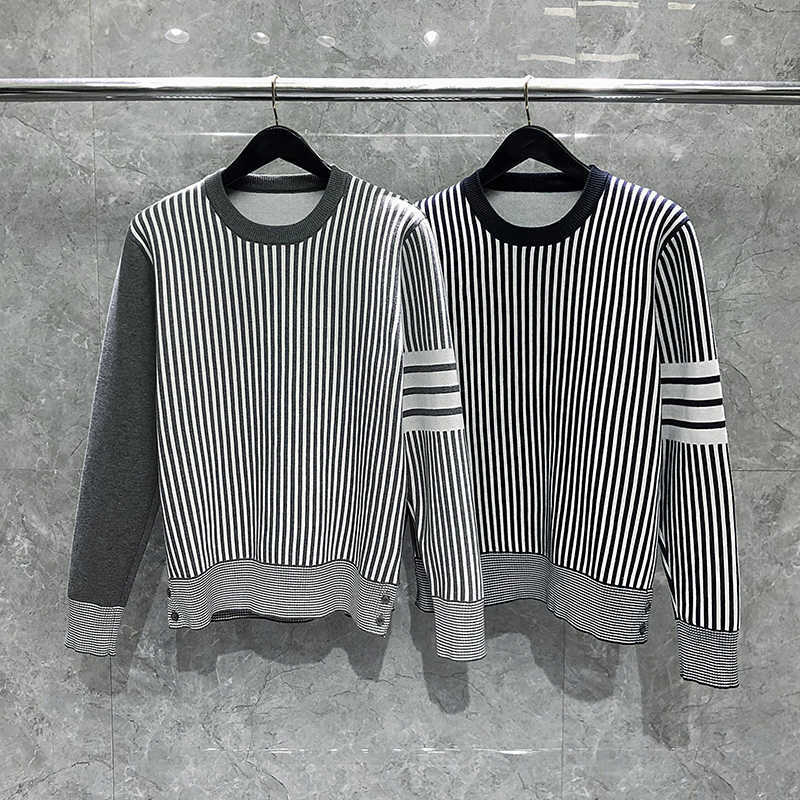 

New Tb Thom Sweaters Vertical Stripes 4 Bar Pullovers Coats Harajiku Streetwear Korean Fashion Brand Clothing, Gray