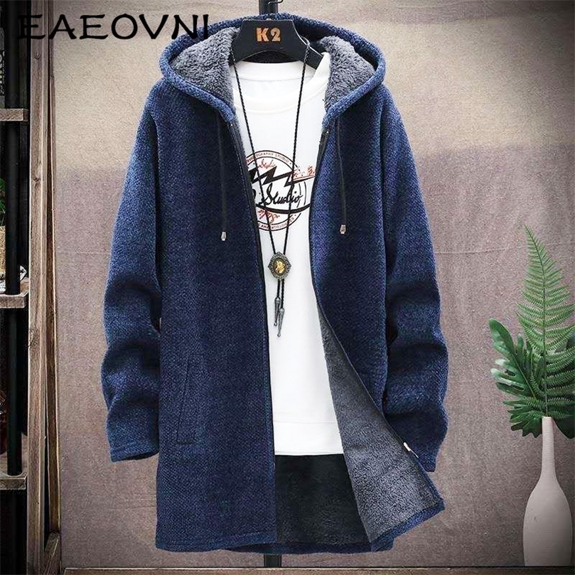 Mens Sweaters EAEOVNI Winter Long Cardigan Sweater Men Fleece Winter Jacket Mens Slim Sweaters Hooded Sweater Thick Warm Coat Mens Clothing 220929