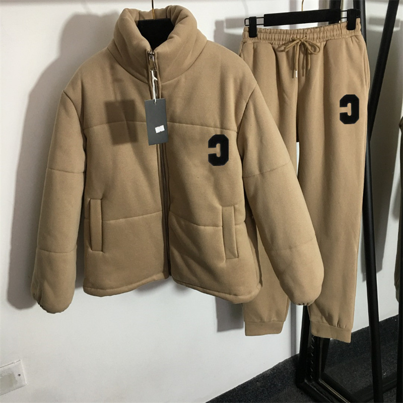 

Women Thermal Thick Suit Two Piece Pants Letter Standing Collar Long Sleeve Zipper Cotton Jacket Elastic Waist And Velvet Casual Pants, Gray
