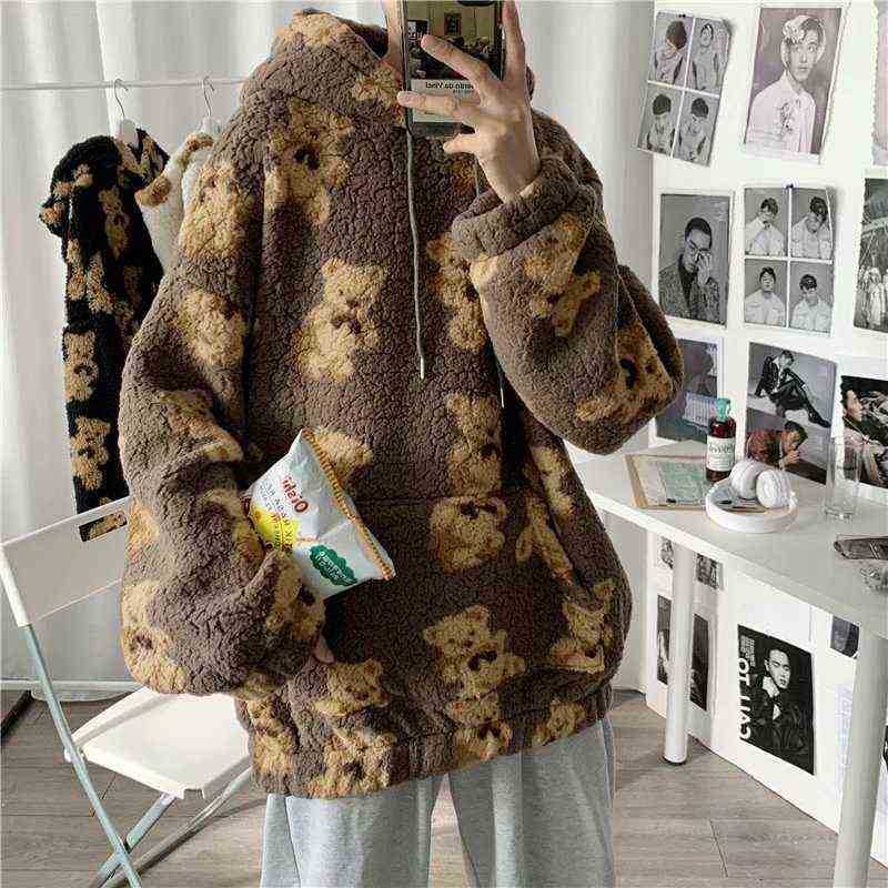

Teddy Bear Hoodie Man Oversized Hoodie Furry Sweatshirts Loose Casual Pullovers oversized Tracksuit Spring Men Anime Clothing Y1120, White