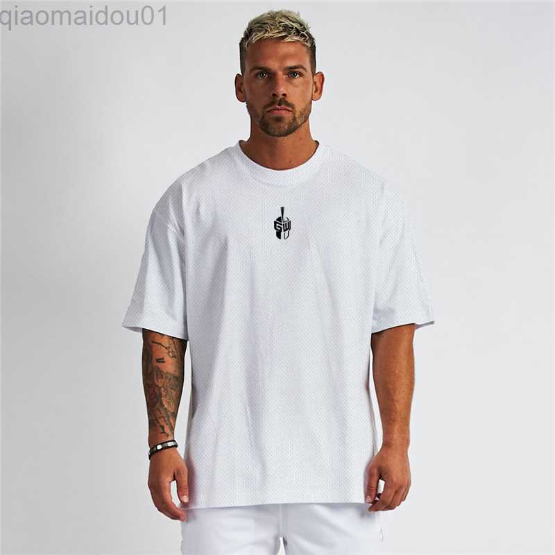 

Men's T-Shirts Oversized Dropped Shoulder Half Sleeve Fitness T Shirt Men Summer Loose Gym Clothing Tops Tees L220929, Blue
