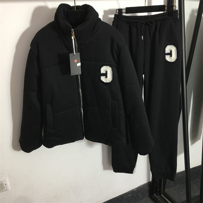 

Women Thermal Thick Suit Two Piece Pants Letter Standing Collar Long Sleeve Zipper Cotton Jacket Elastic Waist And Velvet Casual Pants, Gray