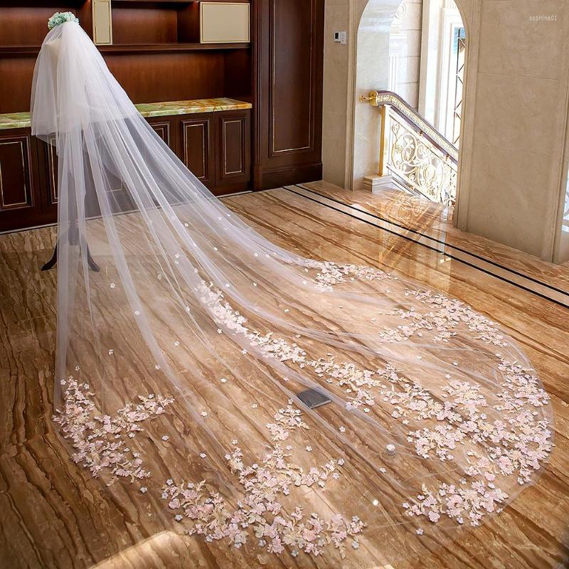 

Bridal Veils NZUK Korean Ivory Cathedral Wedding Veil Two Layers Pink Flower Applique Vail Bride With Comb Accesorios Boda, Same as pic