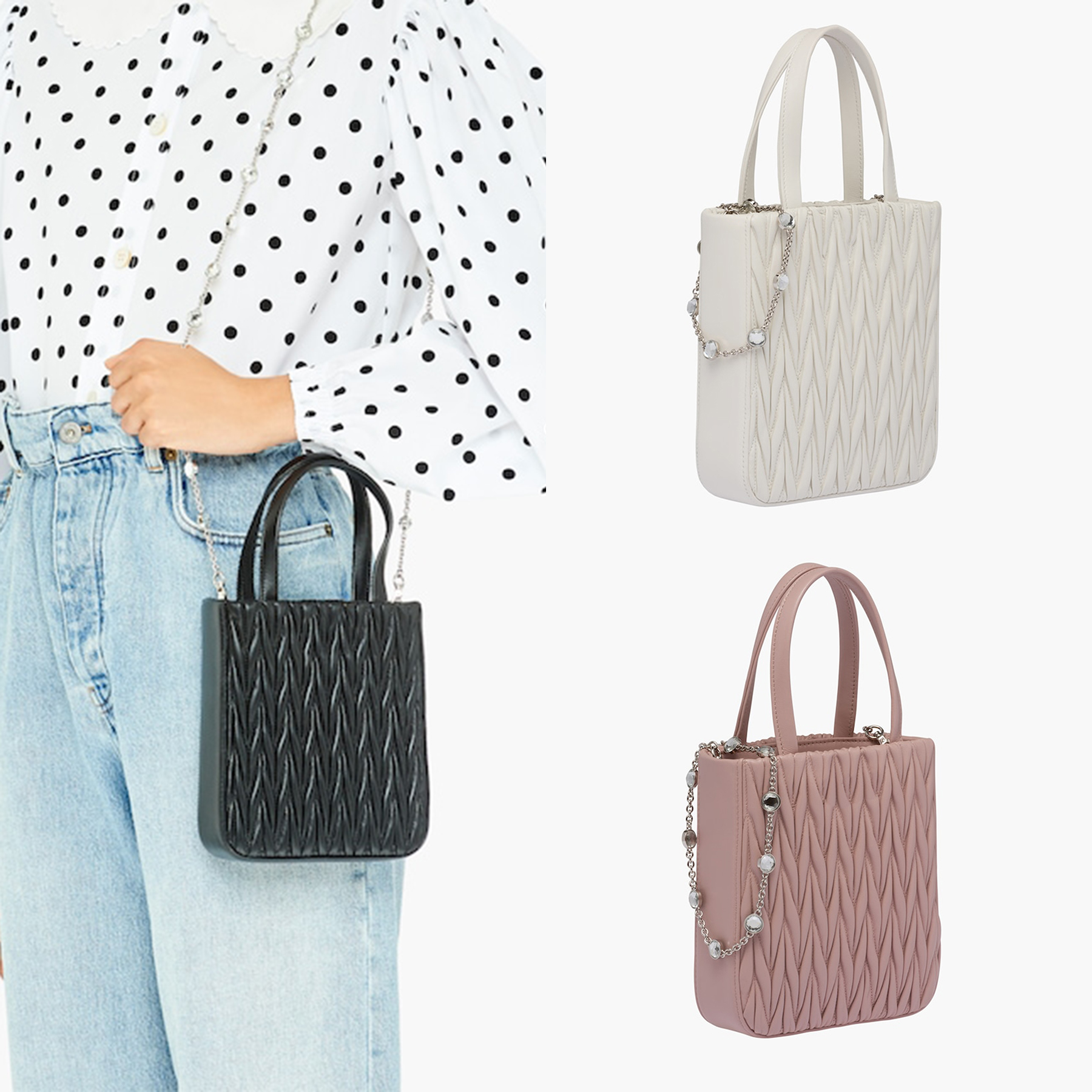 

Miu Matelasse Nappa Leather Tote Detachable Metal Chain Shoulder Strap With Crystals handbag Designer Steel Hardware For Women Shoulder Bag Purse, I need see other product