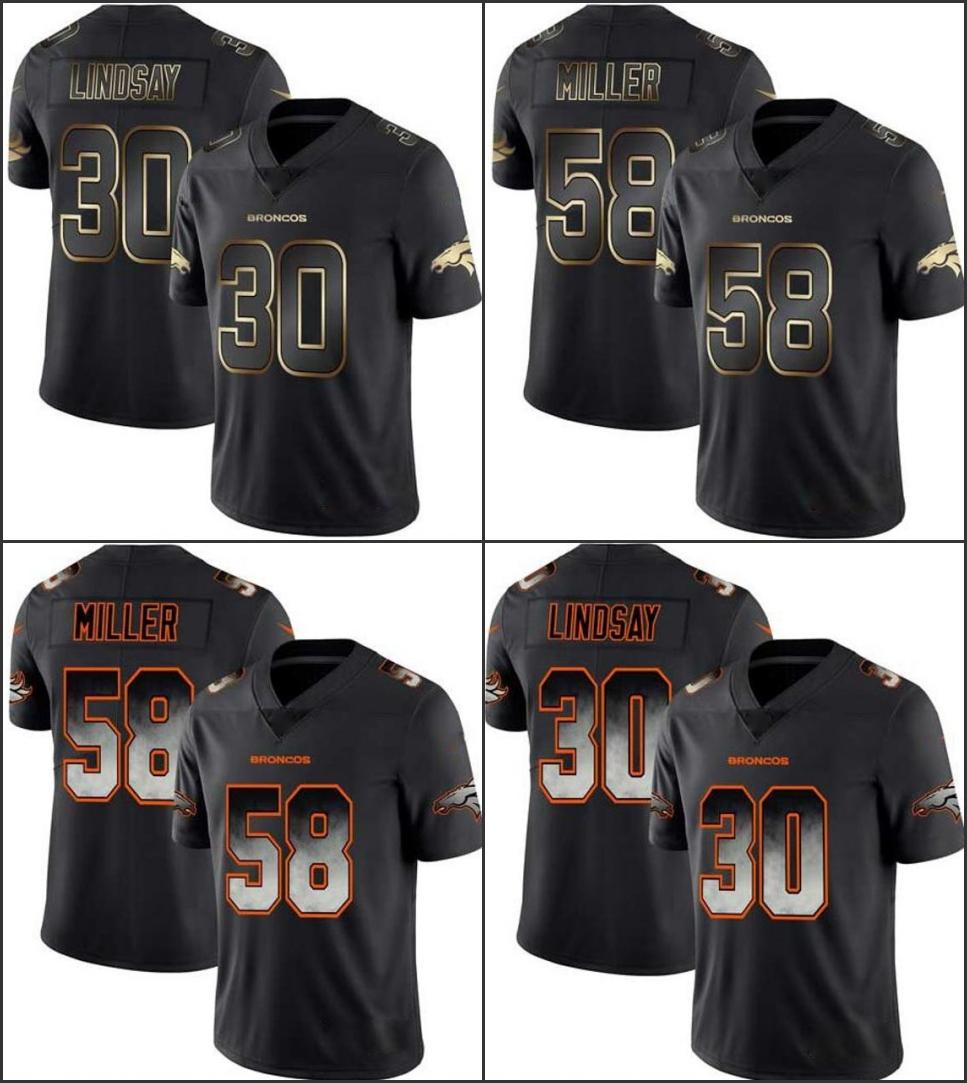 

football Denver''Broncos''Men Limited #30 Phillip Lindsay 58 Von Miller Smoke Fashion Women Youth Black Golden Jersey