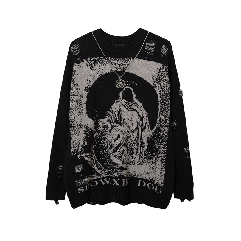 Mens Sweaters Send Necklace Ripped Oversized Sweaters Frayed Knitted Harajuku Winter Tops Black Gothic Men Y2k Grunge Women Red Sweater 220929