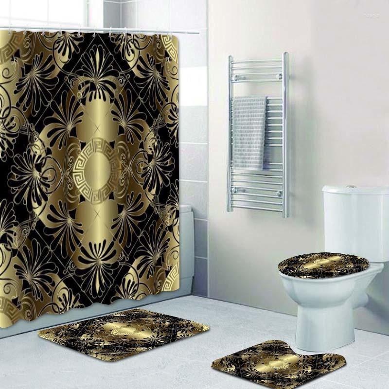 

Shower Curtains 3D Luxury Black Gold Greek Key Meander Baroque Bathroom Curtain Set For Modern Geometric Bath Rug Decor
