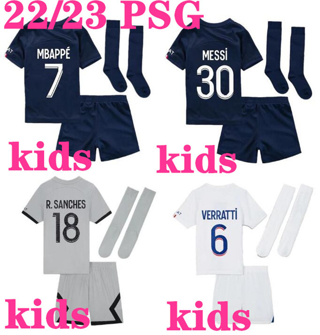 

2022 2023 soccer jerseys BOYS MBAPPE 7 HAKIMI SERGIO RAMOS WIJNALDUM 22 23 PSGs Maillots football shirt kids kit set with socks uniform enfants maillot de foot, Home no socks