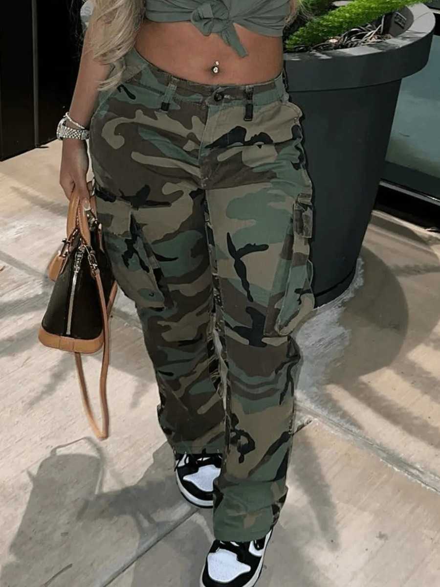 

LW Camo Print Side Pocket Cargo Camouflage Pants Low-Waist Zipper Fly Full Print Stretchy women trousers Camo Print Casual Pants, Green