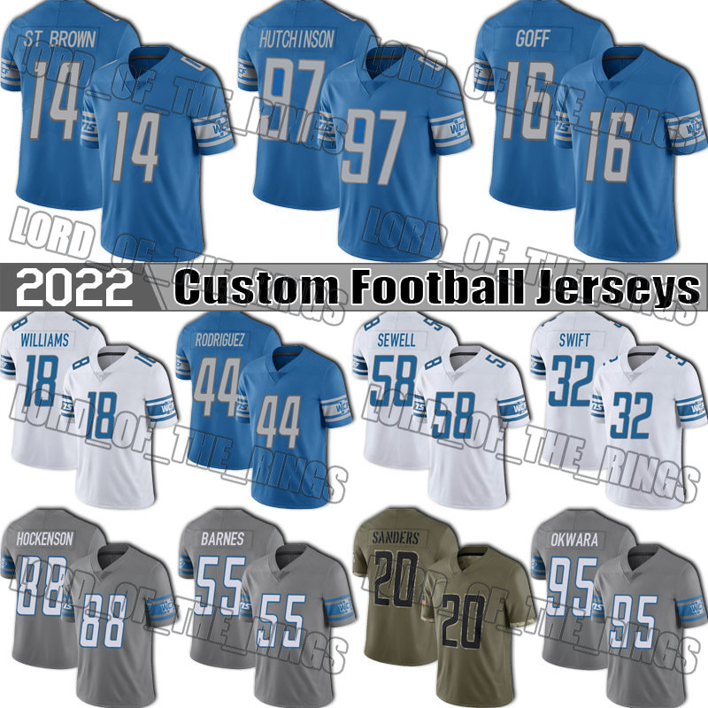 

97 Aidan Hutchinson Football Jerseys Amon Ra St Brown Malcolm Rodriguez Jared Goff Jersey Detroit Lions TJ Hockenson Jameson Williams Ragnow Penei Sewell Okudah, Man custom jersey (xs)