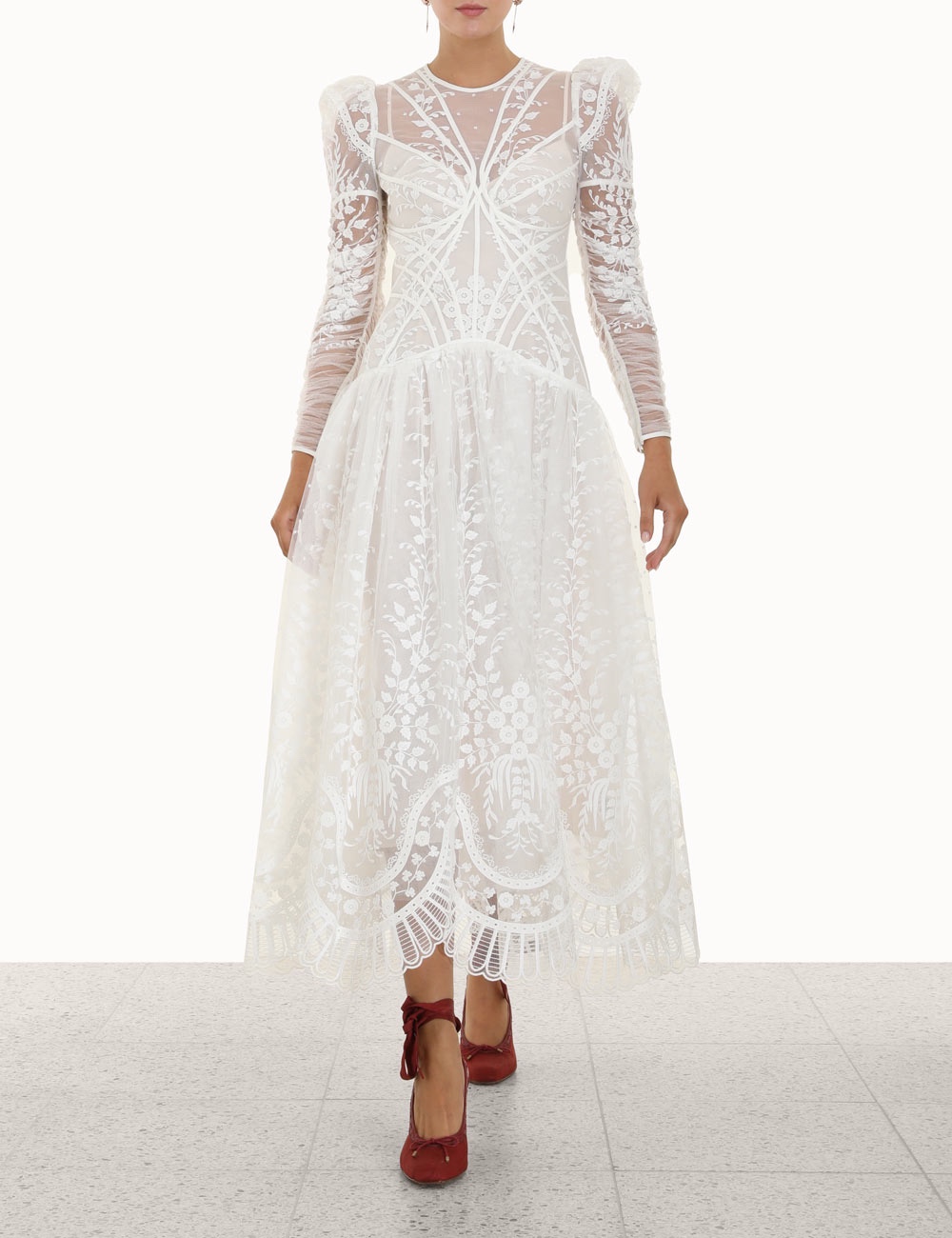 

Runway Dresses 2022 autumn and winter tide brand new mesh embroidered long dress skirt, Ivory