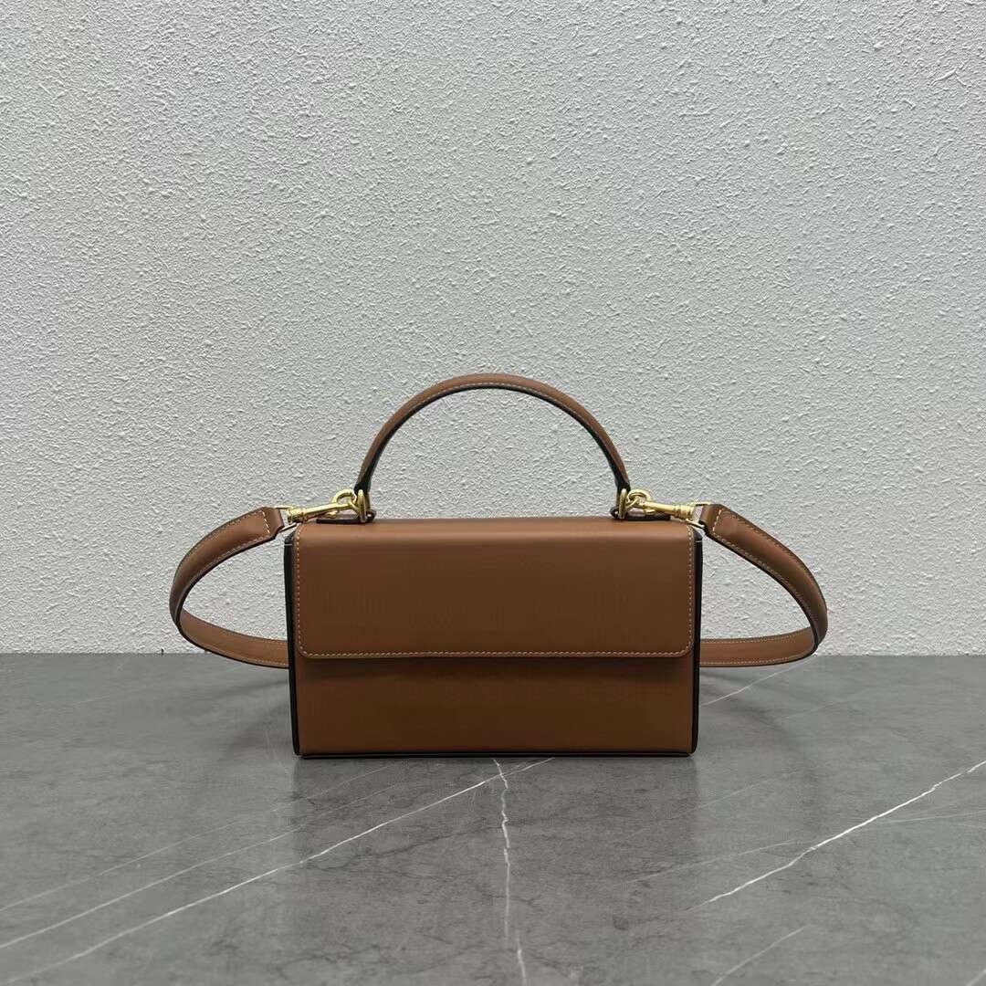 

Tan Women Shoulder Bags Black Triomphe Calf Leather Crossbody Top Handle Handbags Gold Hasp Trunk Bag Small Fashion Baguette Adjustable Strap Wallet Purse