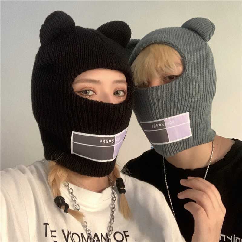 

Cycling Caps Masks INS Fashion Men's Winter Bear Ear Beanies Hat Warm Wool Knitted Mask Balaclava Hats Hip-hop Punk Party Funny Women Ski Mask Caps T220928, Black