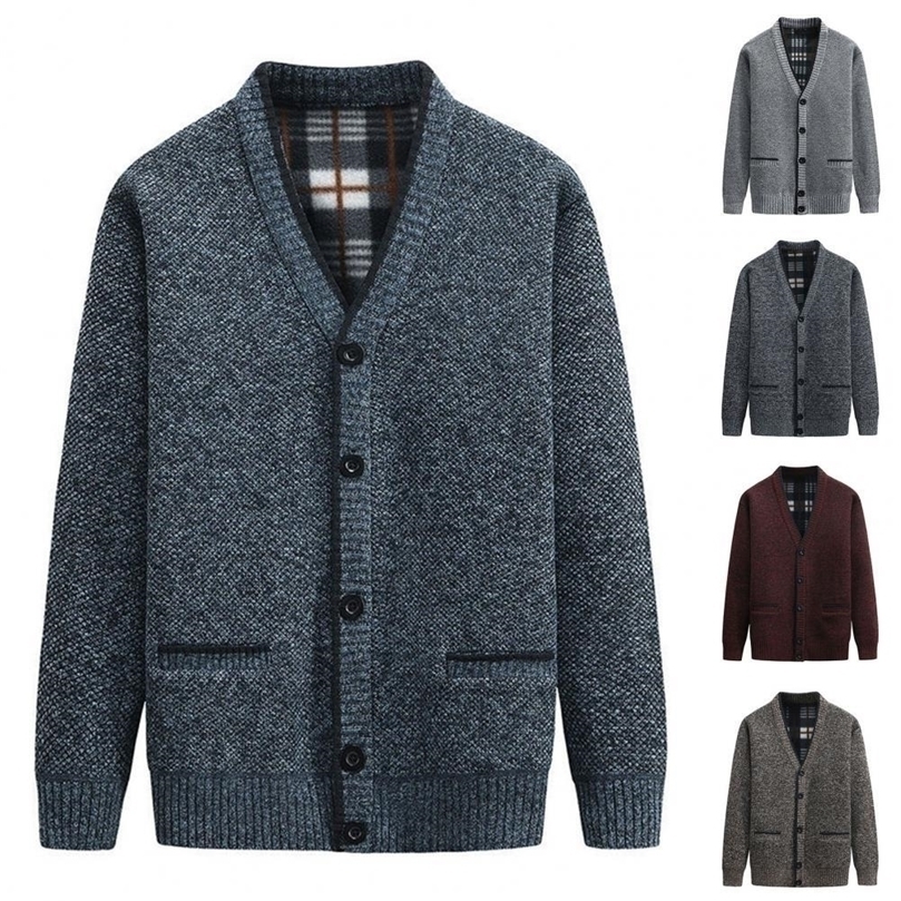 Mens Sweaters Mens Cardigan Sweater VNeck Pockets Sweater Coat Autumn Winter Fleece Lining Solid Color Cardigan Sweater Outerwear 220929