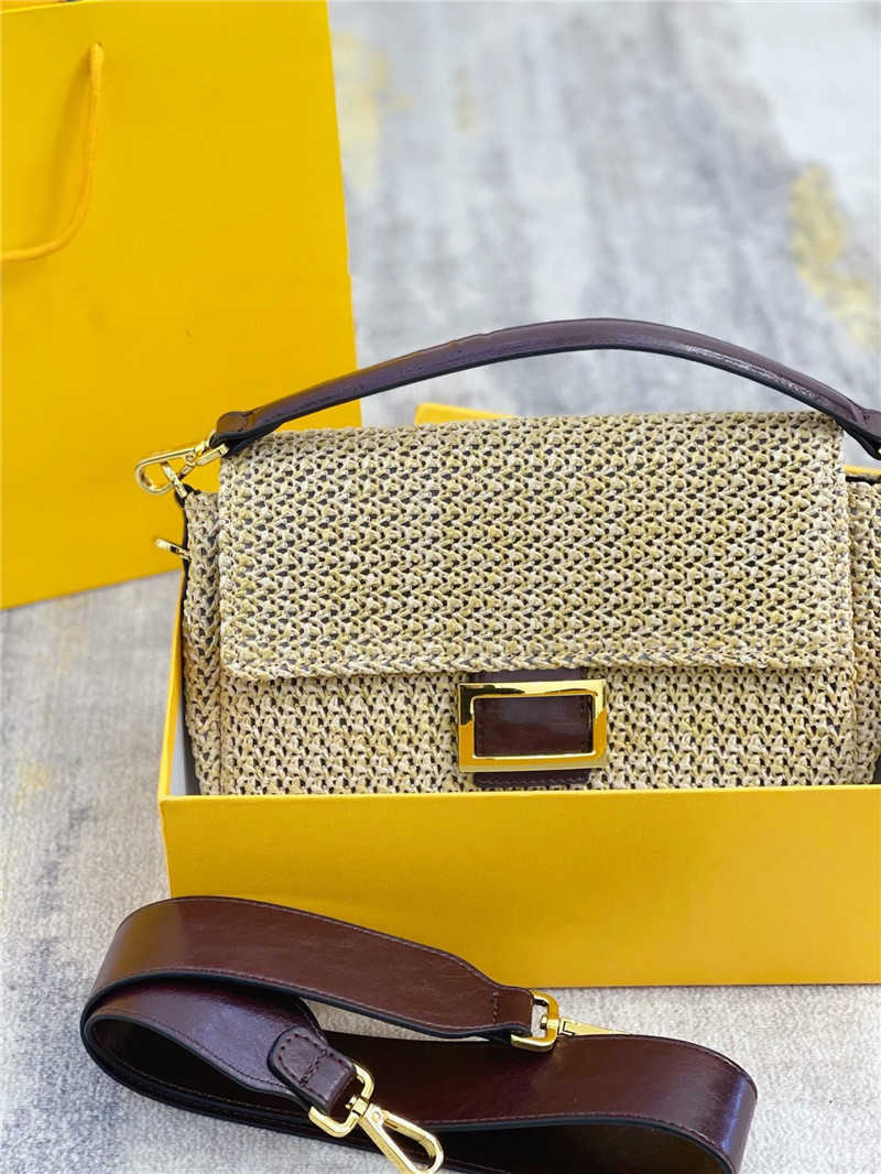 

Retro straw weaving bag unisex style Canvas print lining Flap baguette bags womens outdoor shopping purse Metal frame buckle handbag, 26cm