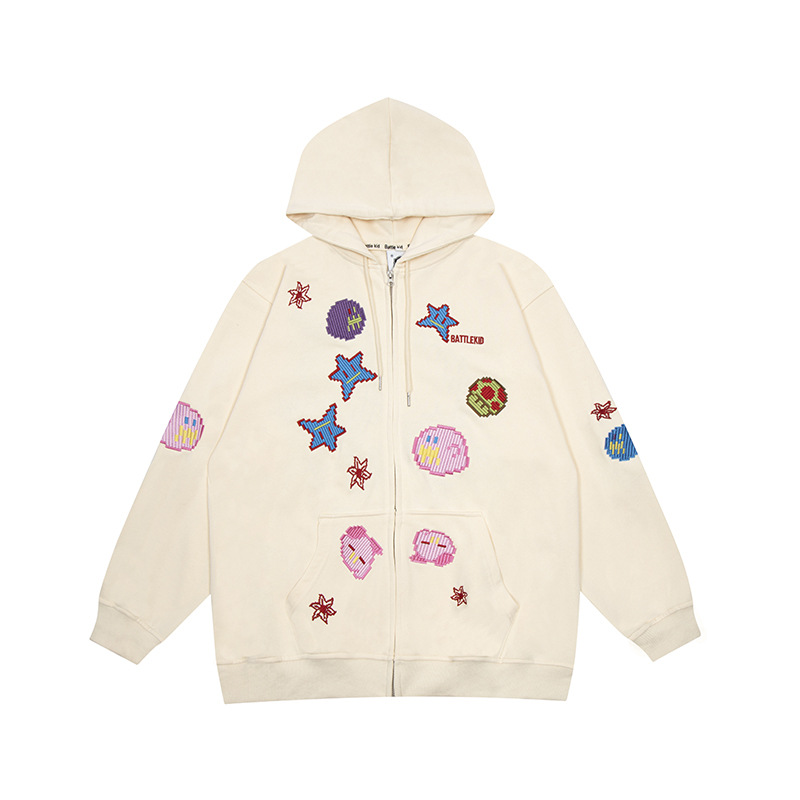 

Hip Hop Zip Up Hoodie Sweatshirt Y2K Harajuku Embroidery Pixel Pattern Pullover Oversized Hooded Jacket Coat Fashion Loose Tops, Black