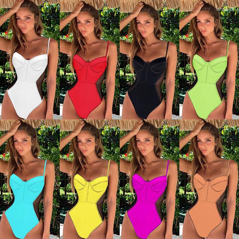 Women&#039;s Swimwear Sexy Splicing Mesh One Piece Swimsuit Women Push Up Monokini Bandage Bathing Suit Spaghetti Strap Swimming-image-807365273