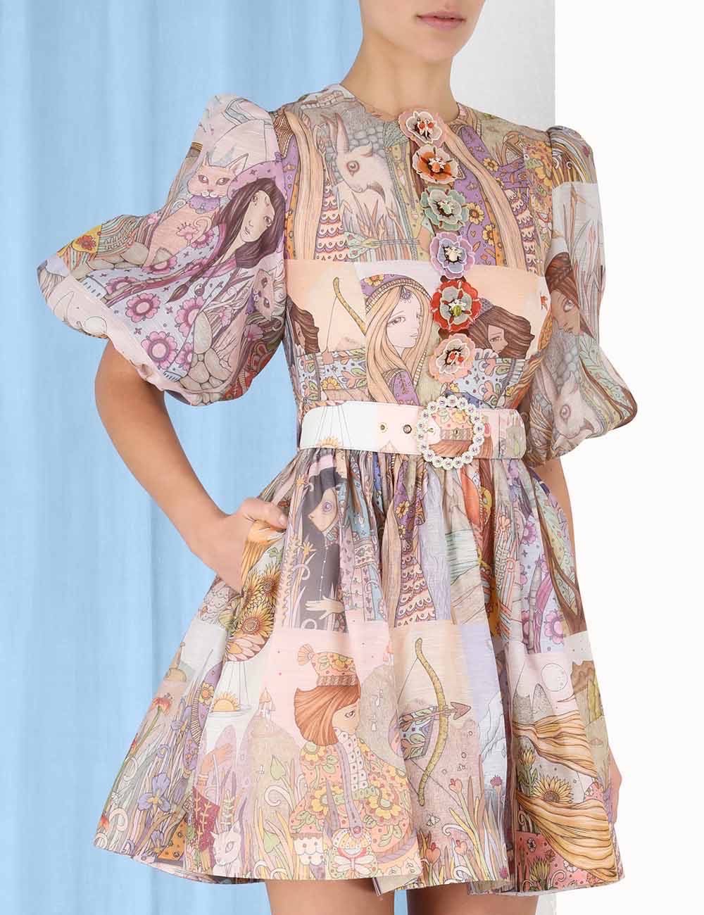 

Fashion brand casual dress early Autumn constellation silk linen bubble sleeve short skirt, Multi