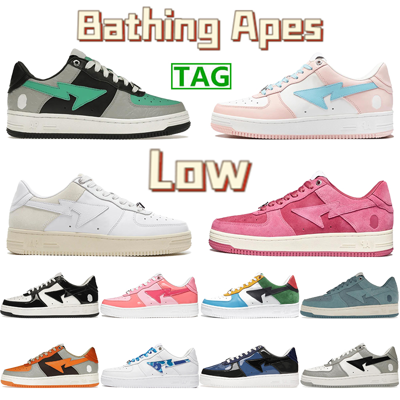 

Designer low bathing apes casual shoes luxury nigo patent leather sneakers black white suede heel beige grey green color camo combo blue men women trainers, 20. blue suede