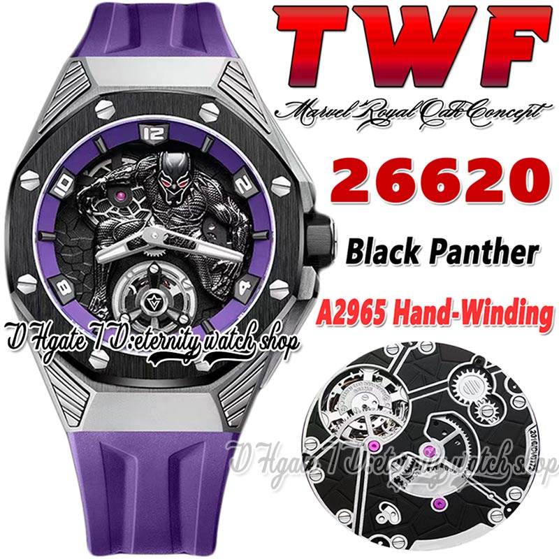 

TWF tw26620 A2965 Hand Winding Mens Watch 42MM Tourbillon Titanium Steel Case Ceramic Bezel 3D Black Panther Dial Purple Rubber Strap 2022 Super eternity Watches, Watch waterproof production cost