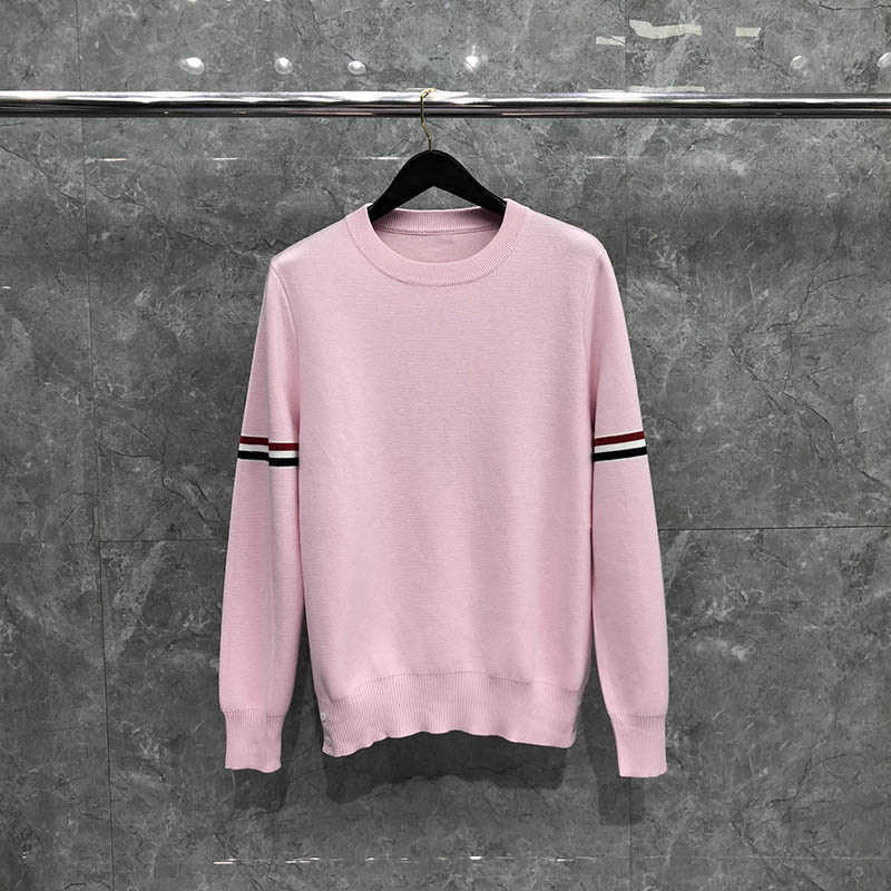 

New Tb Thom Sweater Autunm Winter s Fashion Brand Clothing Cotton Armband Stripe Crewneck Pullover Pink