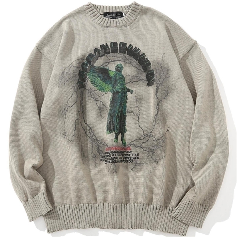 Mens Sweaters Hip Hop Knitted Mens Sweater Male Angel Lightning Printed Streetwear Harajuku Autumn Winter Oversized Casual Pullover Sweaters 220929