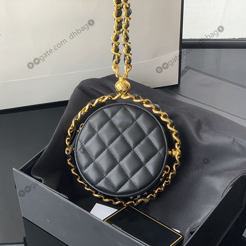 

Designer 2022 Rotating Mini Round Evening Bags Black Real Leather Quilted Luxury Handbags Gold Metal Hardware Portable Chain Tote French Brand Women Clutch Bag 12CM
