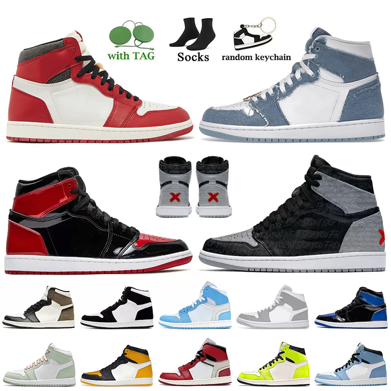 

Women Men Jumpman 1 Jorda 1s Basketball Shoes Jorden1s Denim High OG Lost Found Taxi Patent Bred Banned Offs White Hyper Royal Twist UNC Jorden Trainers Sneakers, A7 green python 36-46