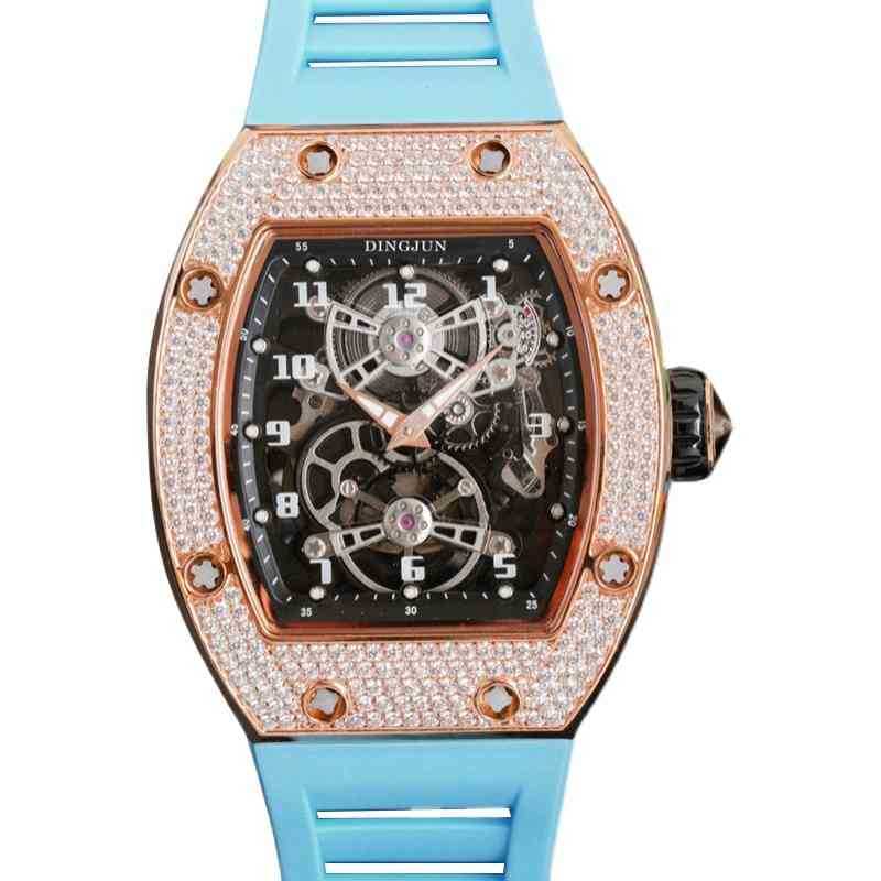

watches wrist Luxury richa milles designer Tourbillon male personality all over the sky star square dial fashion trend waterproof hollow mechanical, Gold diamond blue strap