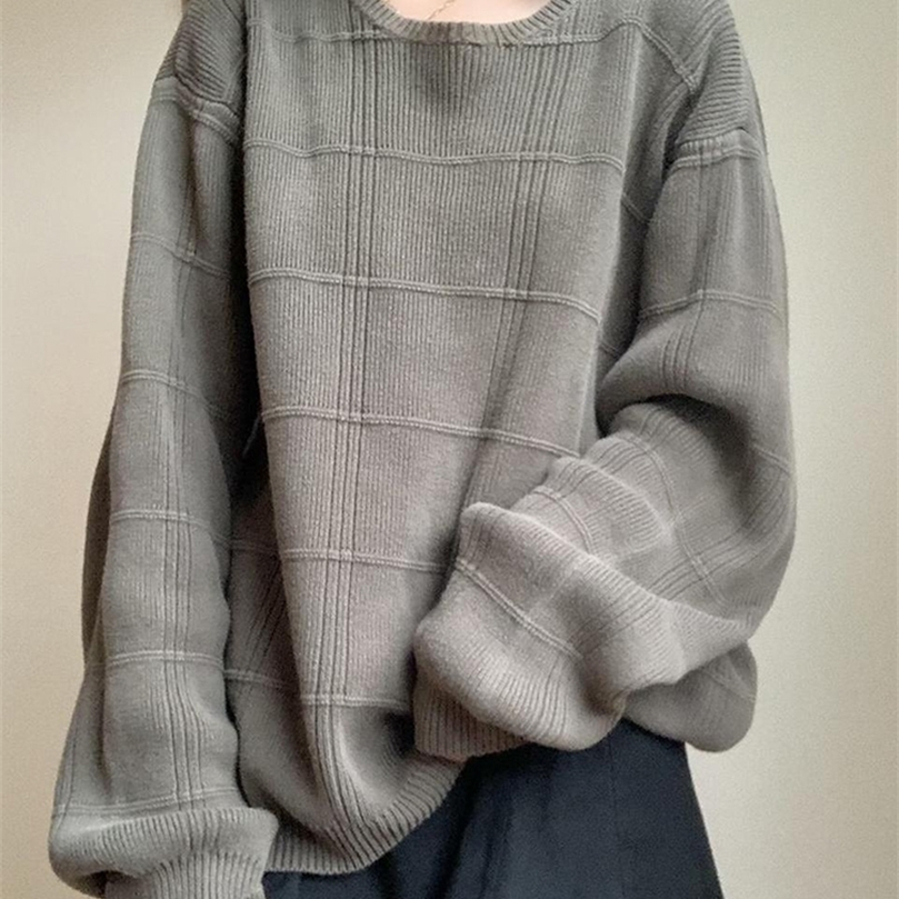 Womens Sweaters Waatfaak Plaid tricot surdimensionné hiver pull femmes Vintage gris col rond pull coréen Y2K esthétique décontracté basique pull