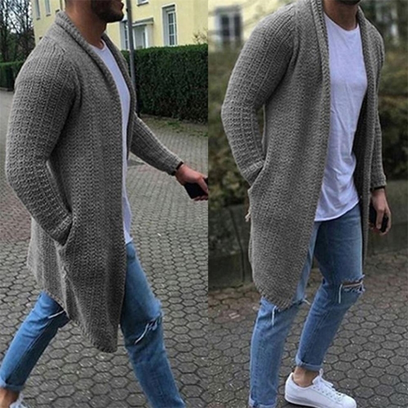 Mens Sweaters Fashion Men Solid Color Open Front Knit Sweater Coat Loose Pocket Long Cardigan Winter Clothes Thick Warm Sweaters Mens Clothes 220929