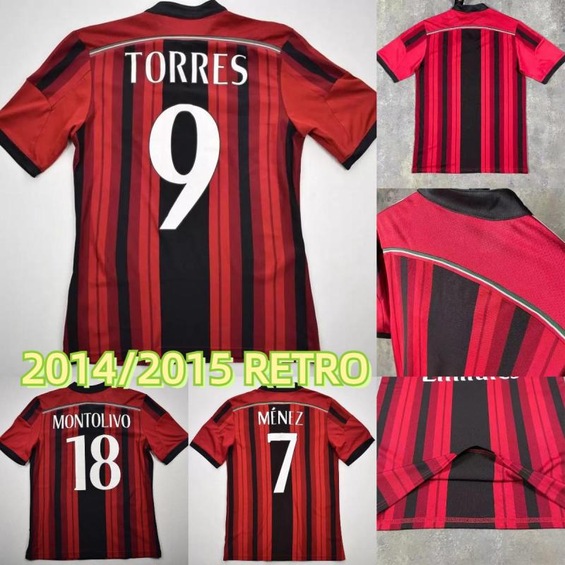 

14 15 TORRES MILAN Retro soccer jersey classic ac Maglia da calcio KAKA EL SHAARAWY IBRAHIMOVIC FISKER MENEZ Man vintage football shirt, 14/15 with 2 patches 7