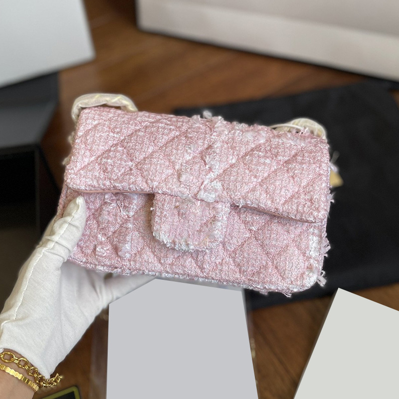 

Womens Classic Mini Single Flap Pink Tweed Bags Quilted Luxury Designer Purse Cosmetic Case Outdoor Sacoche Lovely Handbag Totes 20CM, Box