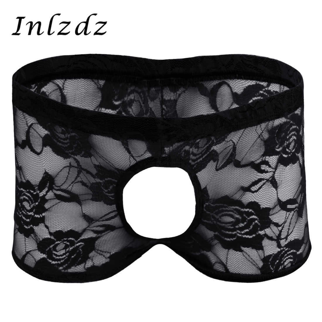 Articles de beauté Mens Lingerie Sissy Open Butt Pantes avec un trou de pénis en dentelle Voir à travers des sous-vêtements exotiques pour les mé