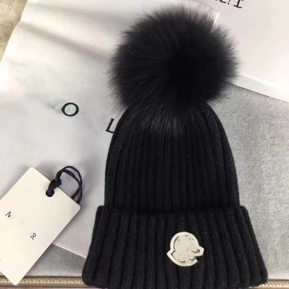 

famous Designer Winter Knitted Beanie Woolen Hat Women Chunky Knit Thick Warm faux fur pom Beanies Hats Female Bonnet Beanie Caps, Other