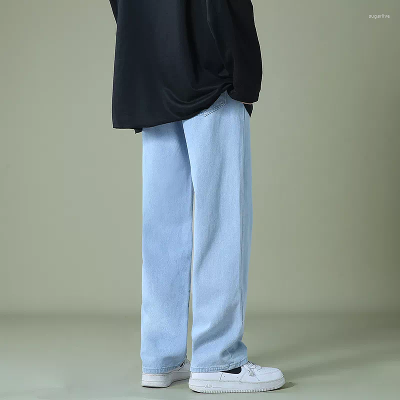 

Men's Jeans Autumn Men Denim Wide-leg Pants Korean Style Straight Light Blue Baggy Elastic Waist Student Trousers Male Black Gray